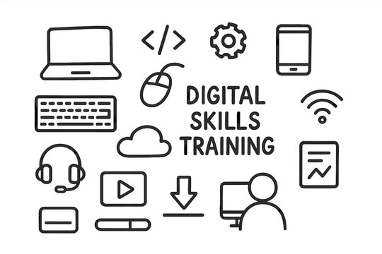 Digital Skills Icons. Hand-drawn doodle illustration digital skills training laptop, mouse, keyboard, code symbol, gear, smartphone, cloud, video play icon,