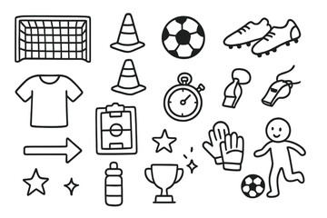 Fototapeta premium Soccer Training Icons. Hand-drawn doodle illustration Practice Drills [goal net, cones, soccer ball, cleats, jersey, stopwatch, clipboard, whistle, arrow,