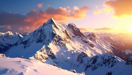Ski Chairlift in Snowy Mountain Landscape with Vibrant Skies and Glowing Sunlight Cinematic Winter Scene