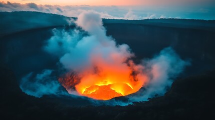 Fiery volcanic crater at dawn