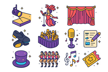 Musical Theater Icon Set. Colorful isometric vector icons set of a musical theater production: spotlight on stage, singer in vibrant costume, velvet curtain,