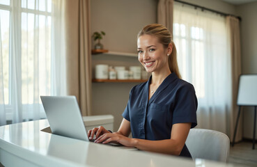 Smiling young woman in dark blue uniform uses laptop at desk. Blonde hair in ponytail, wears small earrings, necklace. Background shows bright curtains, shelf with bottles, whiteboard. Serene office