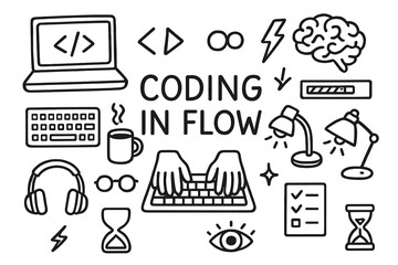Naklejka premium Coding Creativity Doodles. Hand-drawn doodle illustration Coding in flow [laptop, code brackets, keyboard, coffee mug, glasses, brain icon, lightning, progress