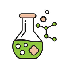 Chemistry flask with molecules representing scientific research and development in a laboratory setting