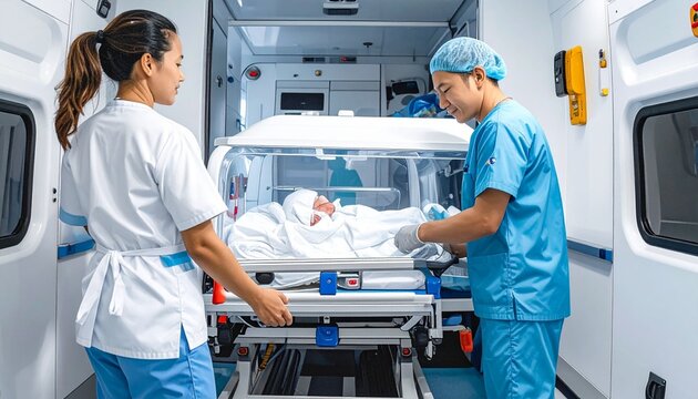 Pediatric critical care transport team loading neonatal incubator into specialized ambulance interfacility transfer