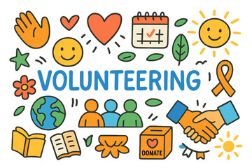Fototapeta premium Volunteering Symbols. Volunteering. Colorful Hand-drawn doodle Children illustration helping hands, heart, smiley face, calendar, globe, leaf, flower, star,