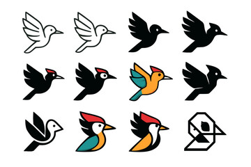 Obraz premium Woodpecker Logo Variations. Set Logo of Woodpecker: Woodpecker in flight. Logo set in vector style, emblematic variations. line, bold thick line, solid black