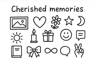 Cherished Memories Doodles. Hand-drawn doodle illustration Cherished memories [photo frame, heart, flower, star, moon, sun, candle, gift box, smiling face,