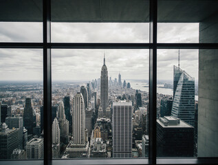 Modern spacious room with large windows and natural views, business and financial skyscraper buildings concept.Low angle view, Minimalist City with Skyscrapers in Soft Tones. Generative AI