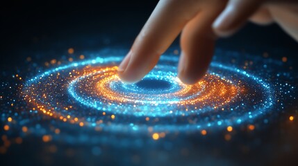 Fingertip interacts with swirling, glowing, digital galaxy