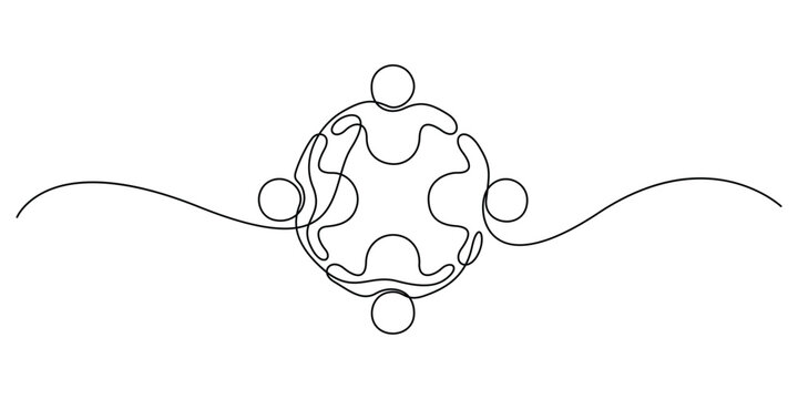 Continuous one line drawing group of young happy business people unite their hands together to form a circle shape symbol, top view. Doodle vector illustration