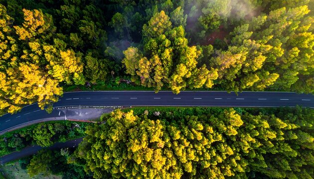 Aerial view of a winding road through a dense forest