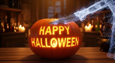 Halloween pumpkin carving with happy halloween message, glowing in a spooky, candlelit room. Ideal for holiday greetings, party invites, and seasonal designs.