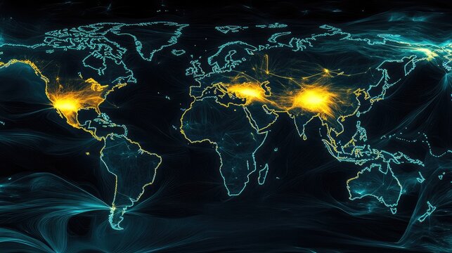 A globe with the countries of the world lit up in neon colors - Powered by Adobe