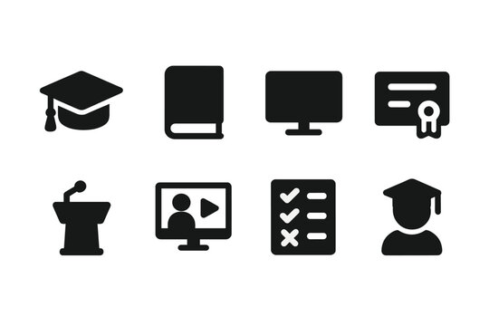 Education Icons Grid. Solid, filled icon set of education platforms: graduation cap, book, computer screen, certificate, lecture podium, online course, quiz,
