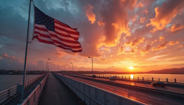 American flag waves over bridge during vibrant sunset. Colorful clouds reflect on water. Cars drive across road. Iconic symbol of freedom, pride, and nation.