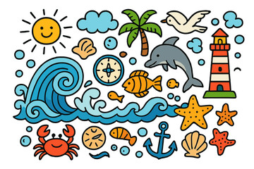 Colorful Ocean Doodles. Colorful Hand-drawn doodle Children illustration Wave patterns curling wave, foam splash, shell, starfish, bubble, fish, dolphin,
