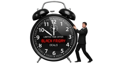 Man pushing a large alarm clock with black friday displayed on its face, isolated on transparent background