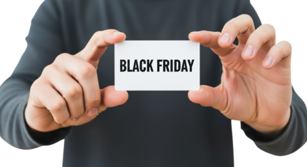Closeup of hands holding a white card with black friday text, isolated on transparent background