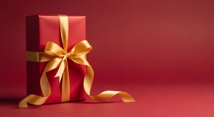 Elegant red gift box with a luxurious golden ribbon bow on a festive red background