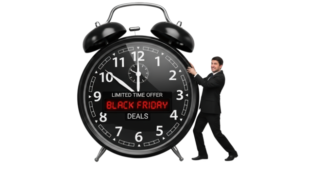 Man pushing a large alarm clock with black friday displayed on its face, isolated on transparent background