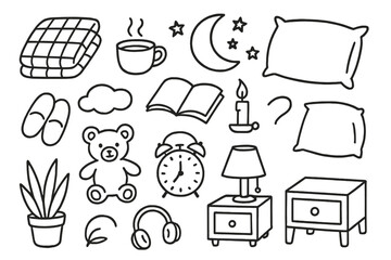 Bedtime Icons Collection. Hand-drawn doodle illustration winding down before bed blanket, cup of tea, book, pillow, slippers, lamp, teddy bear, stars, moon,