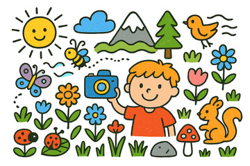 Fototapeta premium Cheerful Nature Doodles. Colorful Hand-drawn doodle Children illustration Mountain meadow flowers, butterfly, bee, sun, mountain, grass, rock, tree, cloud,