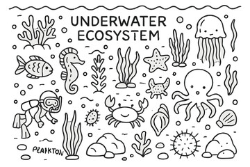 Underwater Ecosystem Doodles. Hand-drawn doodle illustration [Underwater ecosystems] [coral, fish, seaweed, seahorse, crab, starfish, jellyfish, octopus,