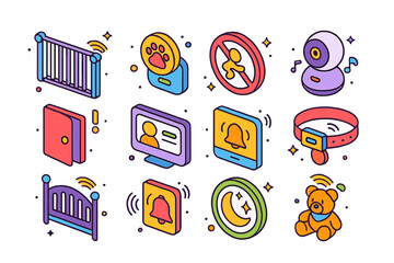 Smart Safety Icons. Colorful isometric vector icons set of Child and pet smart safety: smart baby gate, pet movement tracker, restricted area icon, baby camera