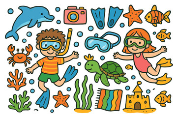 Underwater Kids Adventure. Colorful Hand-drawn doodle Children illustration Kids diving adventure snorkel mask, swim fins, underwater camera, dolphin, crab,