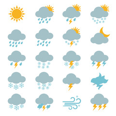 A collection of stylized weather forecast icons depicting sun, clouds, rain, snow, lightning, and wind conditions.