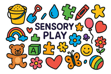 Children's Play Icons. Colorful Hand-drawn doodle Children illustration Sensory play sand bucket, shovel, water droplet, crayon, puzzle piece, block, teddy