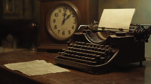 Vintage typewriter and clock showcasing a timeless scene of creativity and nostalgia