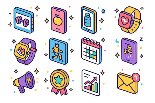 Colorful Fitness App Icons. Colorful isometric vector icons set of Fitness App Features: workout log, calorie counter, water intake tracker, heart rate