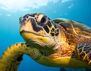 Fototapeta premium Close-up of sea turtle underwater, showcasing detailed textures and colors