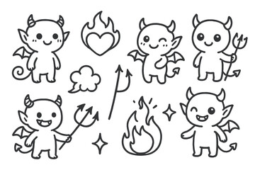 Cute Devil Doodle. Hand-drawn doodle illustration Cute Devil Doodles tiny horns, swirl tail, little trident, round eyes, blush face, flame heart, mini wings,