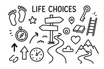 Life's Journey Symbols. Hand-drawn doodle illustration Life choices, crossroads, signpost, footprints, compass, key, ladder, book, arrow, heart, star, cloud,