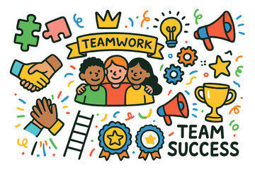 Teamwork Triumph Doodle. Team Success. Colorful Hand-drawn doodle Children illustration Team Success puzzle pieces, handshake, group hug, smiling people,