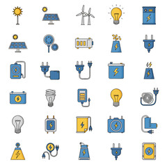 A collection of vector icons representing various sources of energy, including solar, wind, nuclear, and electric power.