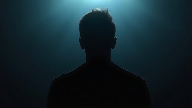A silhouette in dim light with a faint glow, creating a mysterious and atmospheric mood.