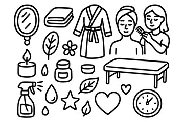 Spa Wellness Doodle. Hand-drawn doodle illustration spa and wellness mirror spa mirror, towel, robe, client figure, stylist, candle, leaf, flower, cosmetic