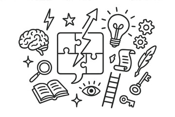 Mental Breakthrough Doodles. Hand-drawn doodle illustration Mental breakthrough cracked puzzle, light bulb, brain, arrow, gears, lightning bolt, star, scroll,