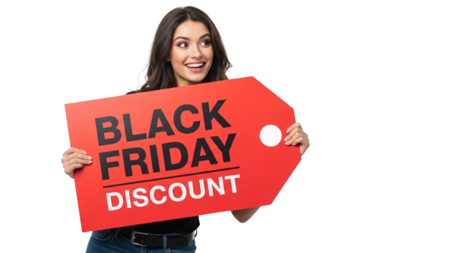 Young woman holding a red tag with black friday discount text, isolated on transparent background