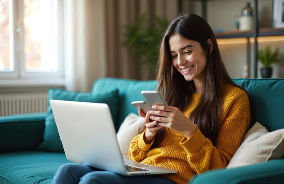 Young woman happily uses laptop, smartphone relaxing on couch at home. Browsing web, communicating online, studying digitally. Lifestyle image of modern person engaged in technology, work, connection. - Powered by Adobe
