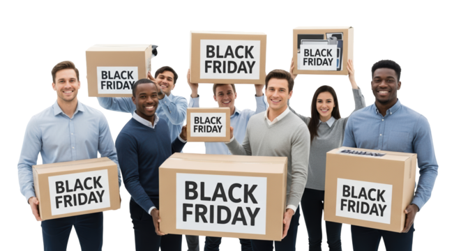A diverse group of smiling people holding boxes with black friday written on them, isolated on transparent background
