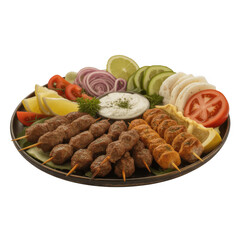 Delicious meat skewers platter with fresh vegetables isolated on transparent background