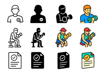 Fitness Icon Collection. Icon Set of Personal training: fitness coach figure, client exercising, training plan sheet. Icons set in vector style, emblematic