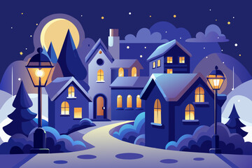 Fototapeta premium Enchanting winter village scene under a luminous moon, perfect for holiday greetings, cozy atmosphere, and whimsical designs with a dreamy nighttime feel