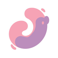 Abstract fluid shapes in soft pink and lavender hues, forming a playful, stylized creature or symbol with organic curves and gentle splashes.