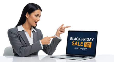 Businesswoman pointing at a laptop screen displaying black friday sale 70 off isolated on transparent background